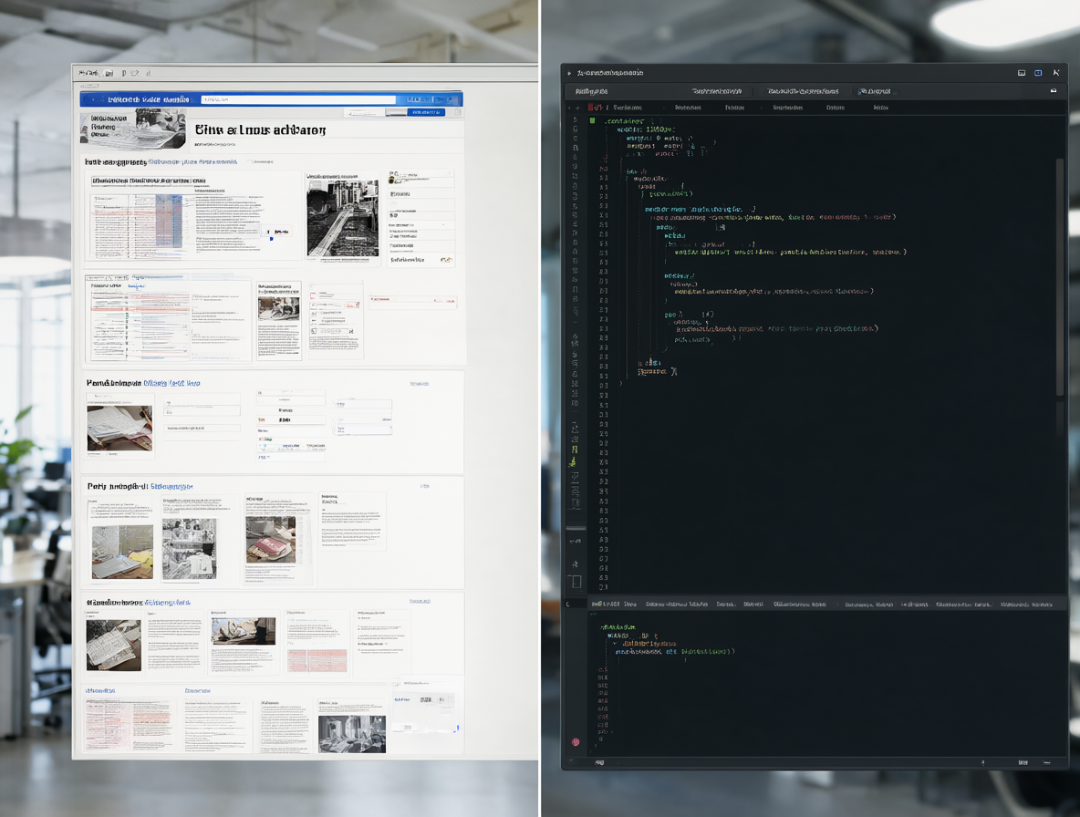 Pantalla dividida mostrando un sitio web antiguo y un editor de código con CSS.
