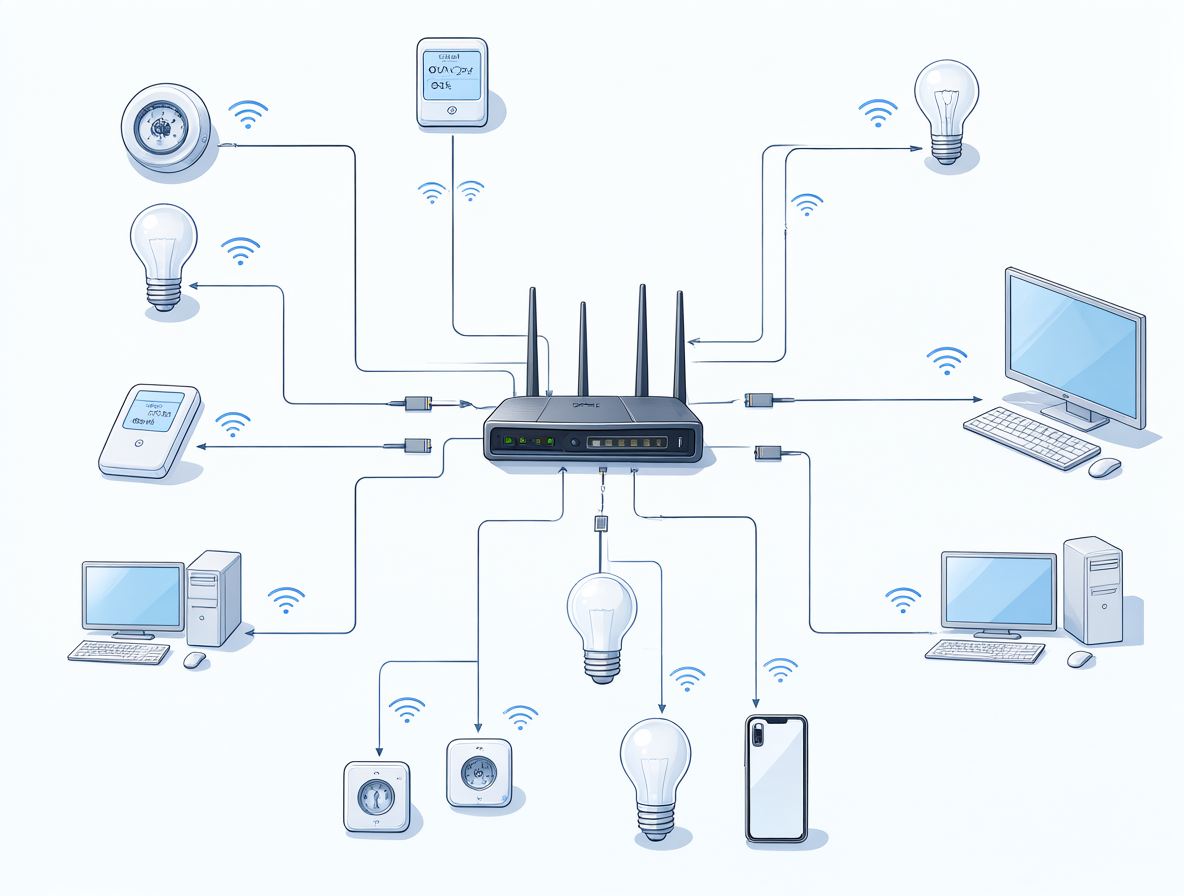 A technical diagram of a home network showing a router at the center with various smart bulbs and PCs connected via Wi-Fi and Ethernet cables.