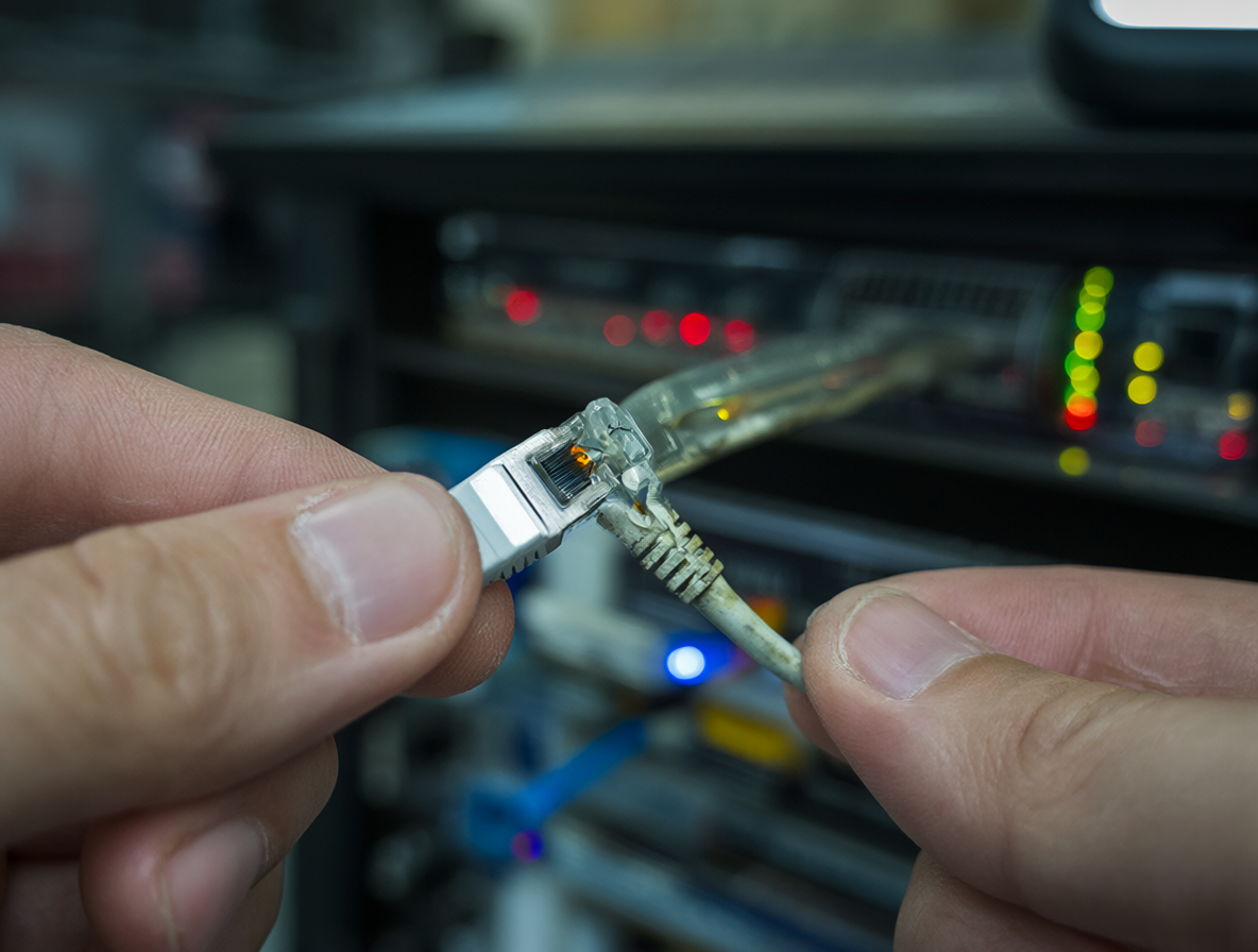 A close-up shot of someone holding an Ethernet cable next to a blinking router during network troubleshooting.