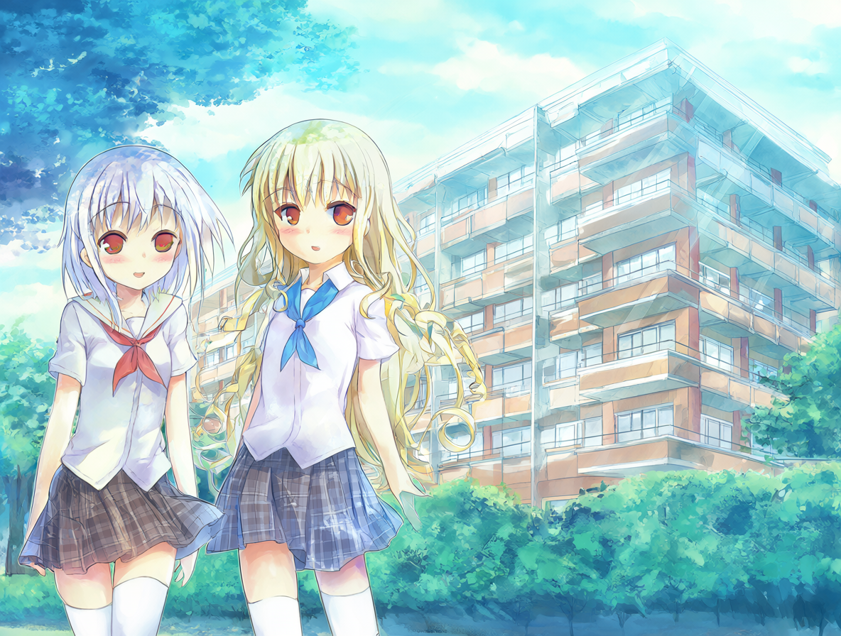 Ilustración de estilo anime mostrando el edificio escolar Hidamari Apartments y a las chicas principales.