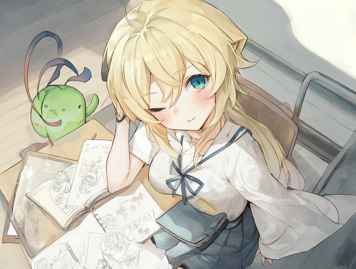 Primer plano de Yuno Miyako dibujando junto a una pequeña criatura verde que representa a la autora.