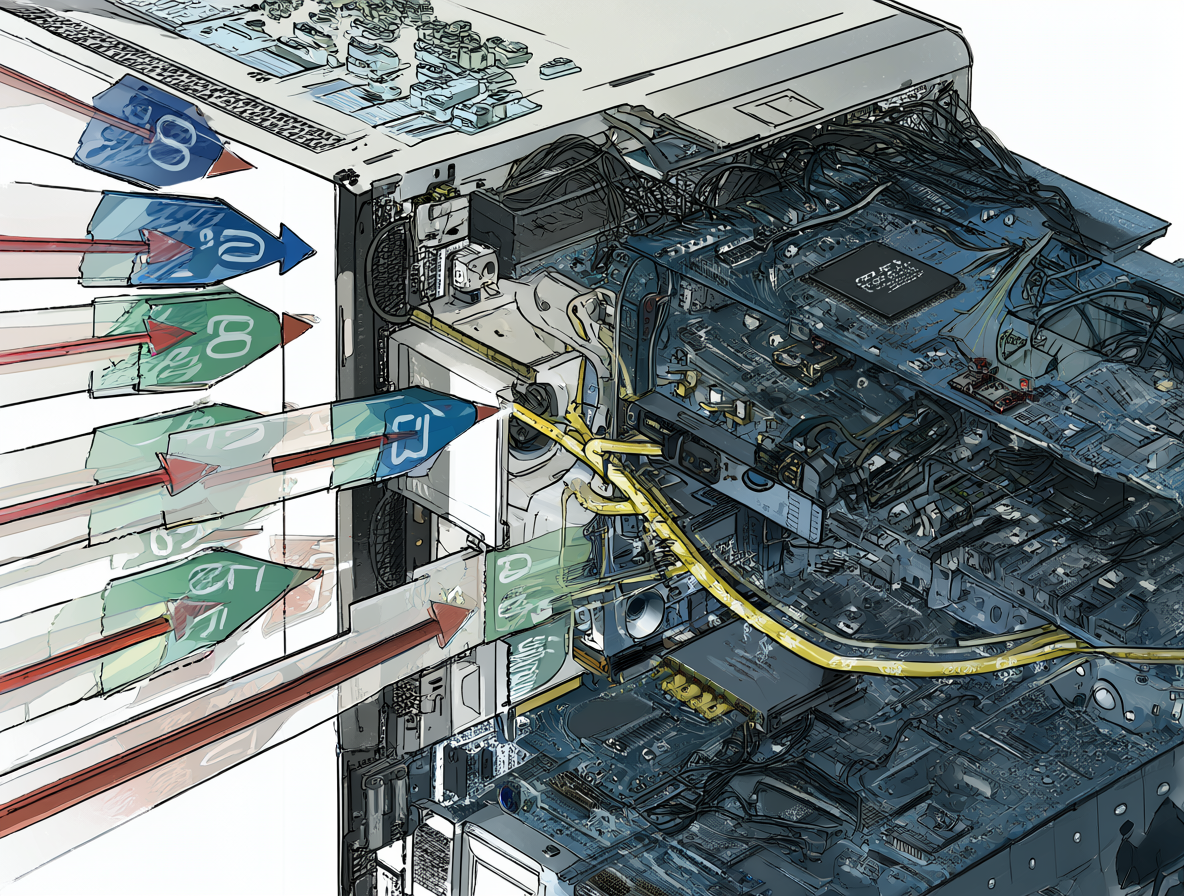 Ilustración técnica de una PC con IP 192.168.1.50 recibiendo flechas entrantes etiquetadas como puertos 80, 443 y 22.