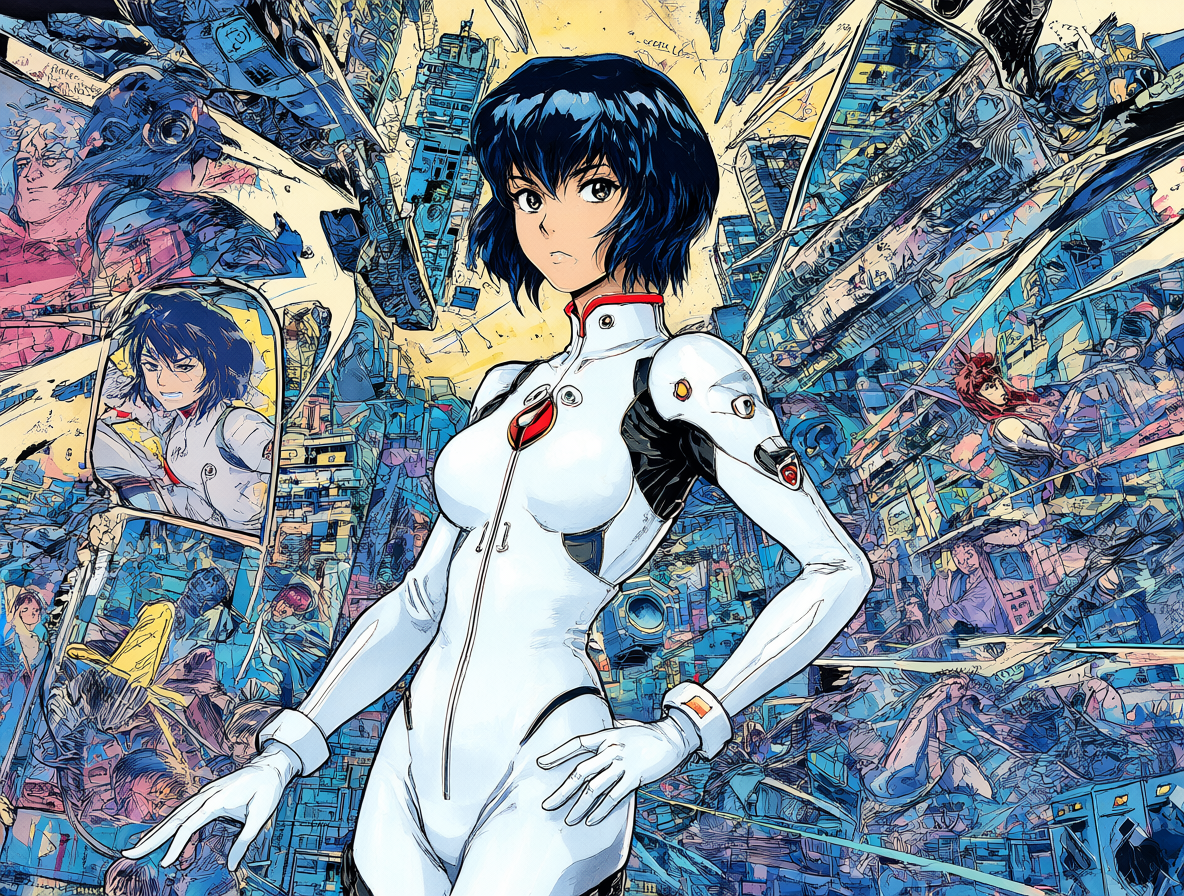 Una vista de una ciudad cyberpunk con Motoko Kusanagi en su traje blanco, rodeada de elementos de diseño del manga de los 80.