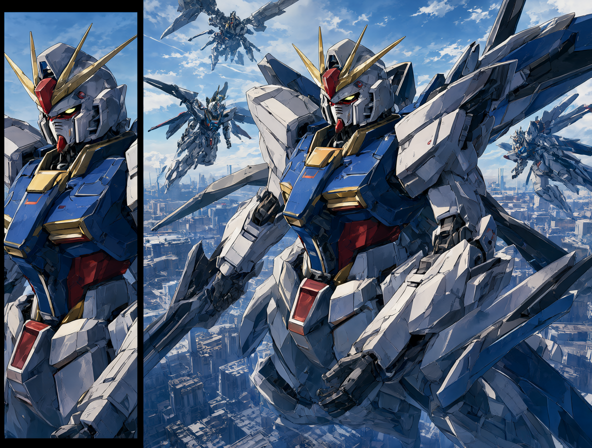 Imagen de comparación entre el formato 4:3 y 16:9 en una serie de mecha.