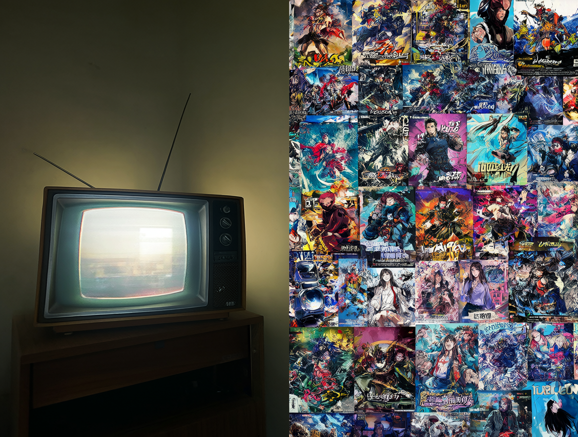 Imagen que compara un televisor antiguo solitario con una pantalla digital moderna llena de contenido.