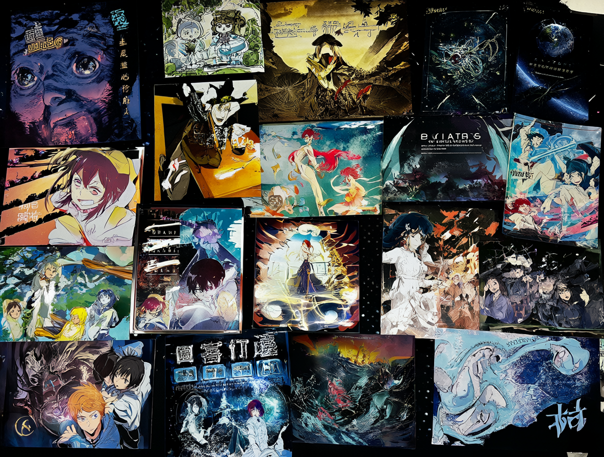 Varios pósters de anime como Lain y Haibane Renmei en un collage oscuro.