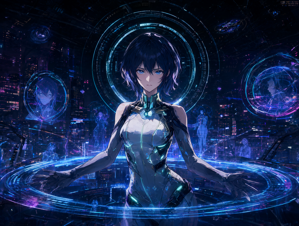 Motoko Kusanagi en un entorno futurista con luces de neón y hologramas, representando el debate sobre su identidad.