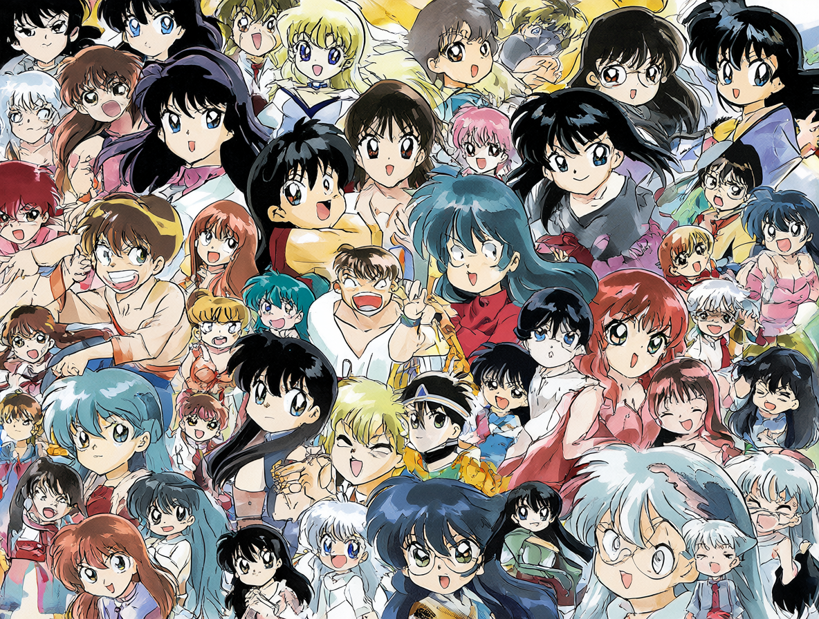 Retrato de Rumiko Takahashi con personajes icónicos