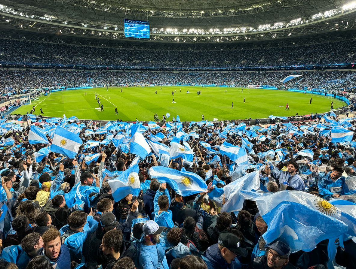 Multitudes entusiastas en un estadio de fútbol con banderas argentinas