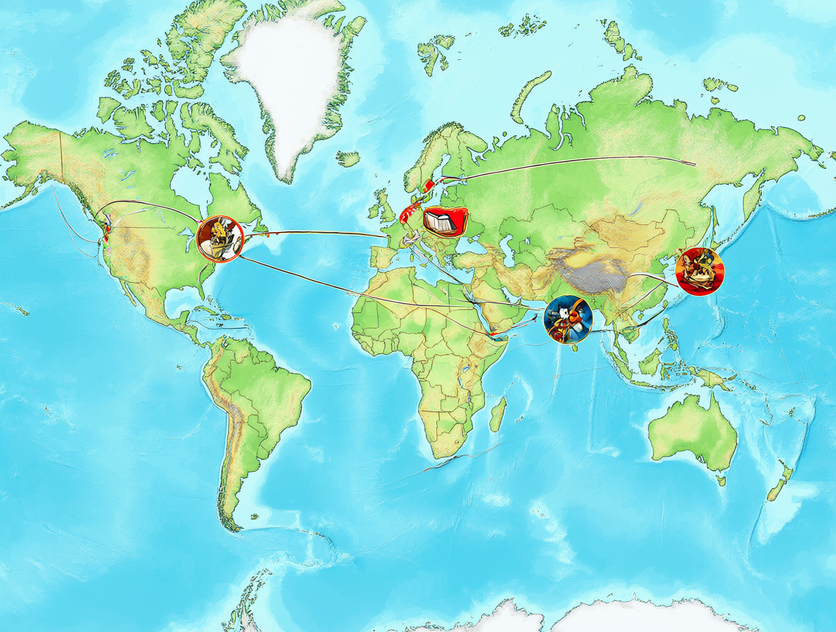 Mapa mundial mostrando la distribución del estilo de manga en diferentes países como Japón, Francia y España.