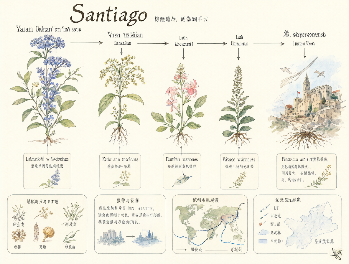 Diagrama educativo que muestra la evolución etimológica del nombre Santiago desde sus raíces hebreas hasta las variaciones modernas en español.