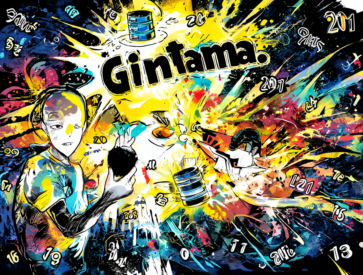 Ilustración digital mostrando la evolución de las líneas temporales del anime Gintama con recuentos de episodios flotantes y un silueta humana confundida mirando un icono de base de datos explotando.