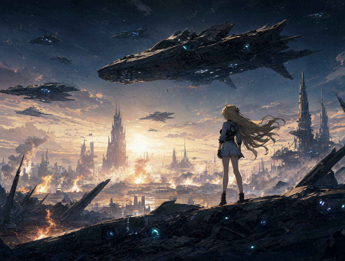 Vista panorámica del mundo de Escaflowne con naves voladoras y una figura central