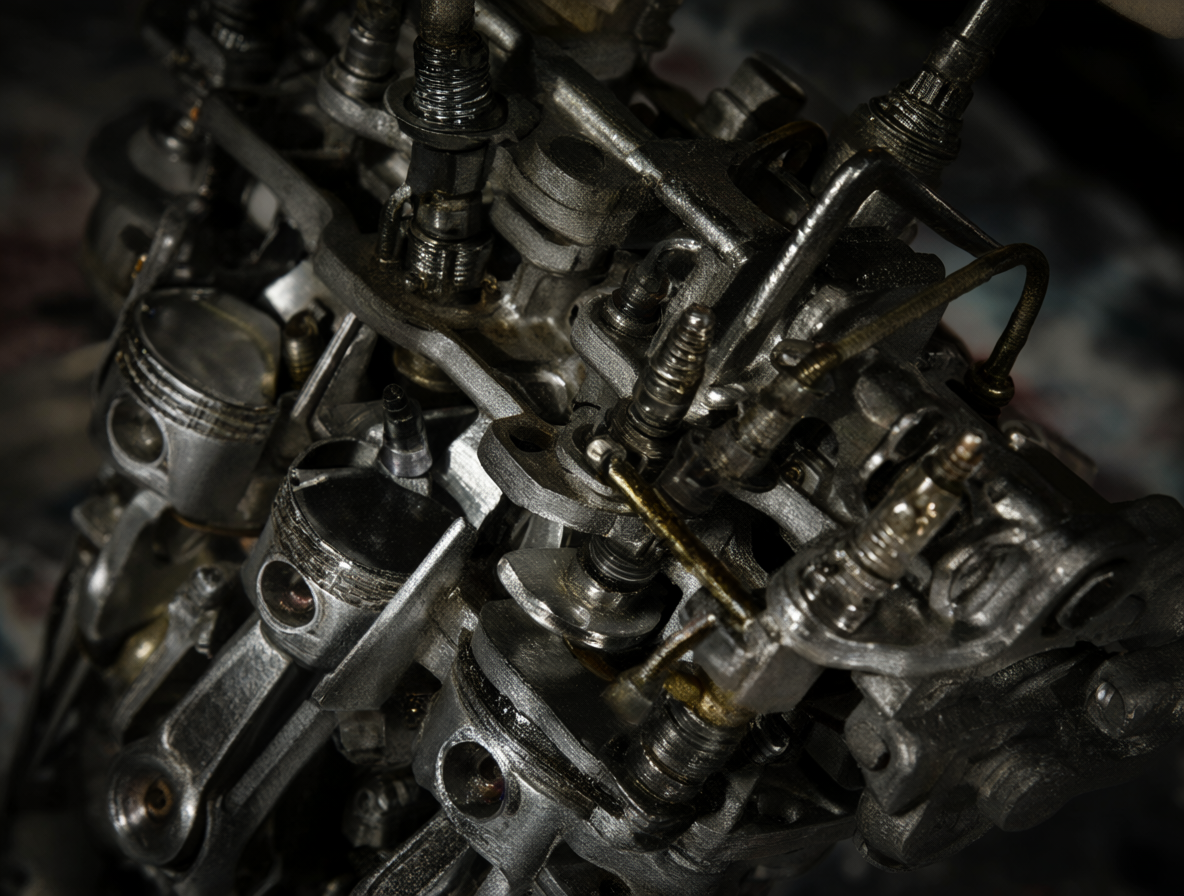 Close-up view of a microscopic internal combustion engine showing detailed tiny pistons and spark plugs at macro scale.