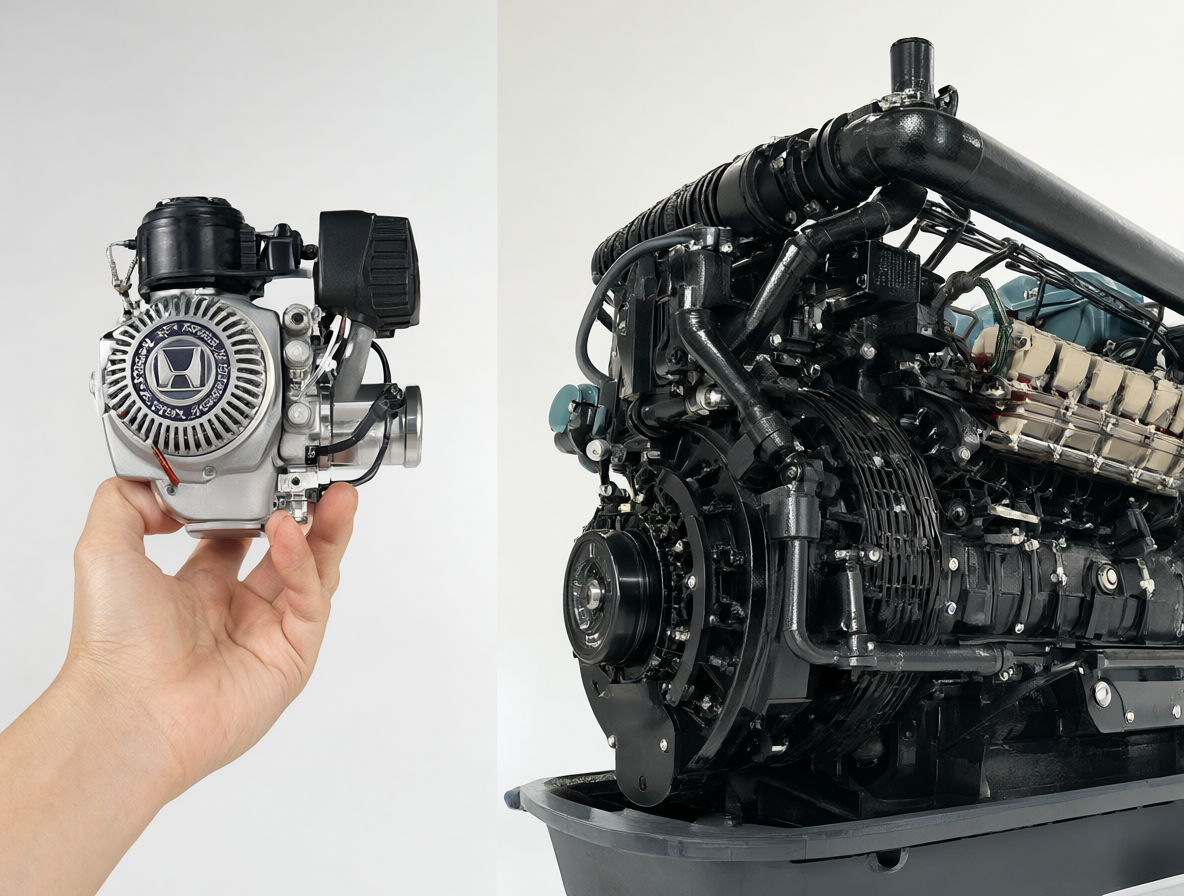 Comparison between a tiny Honda GX25 tool engine held in hand and a massive industrial gasoline generator.