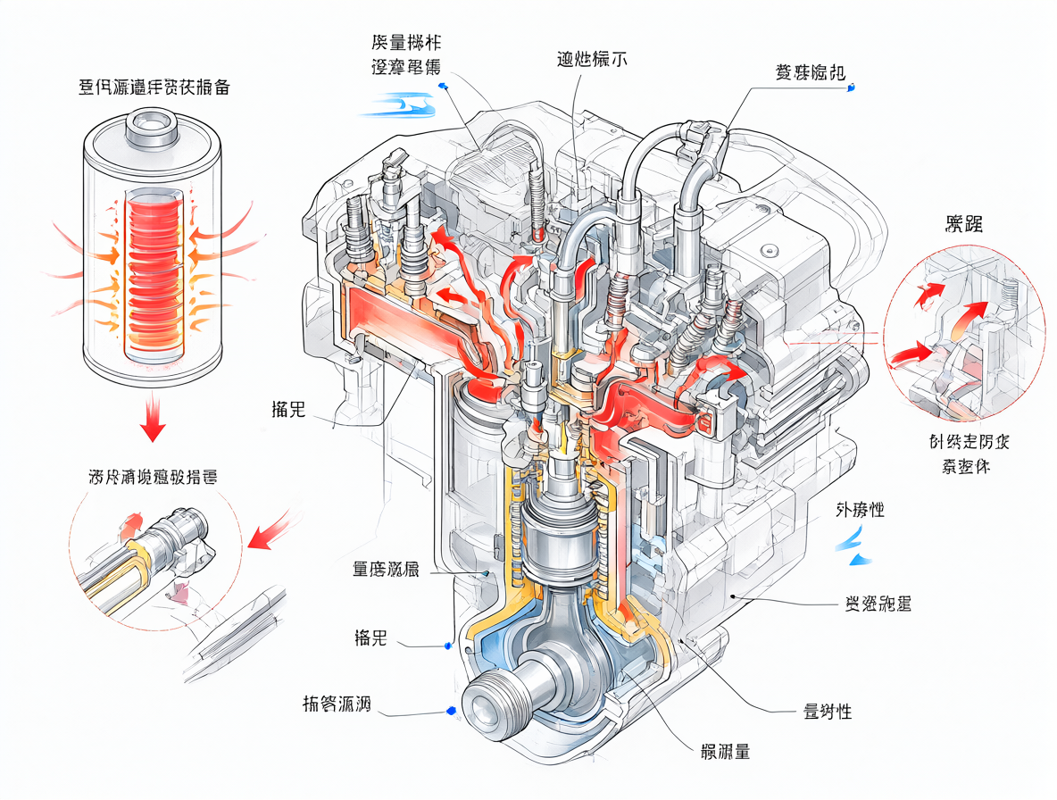 Technical diagram illustrating friction and heat dissipation problems at 1 cm³ engine size compared to batteries.