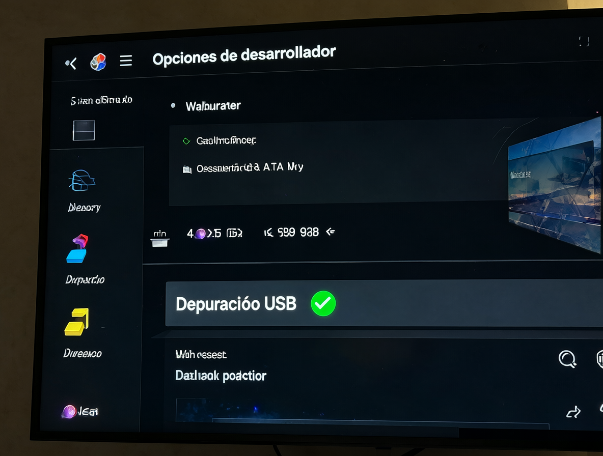 Pantalla del televisor mostrando las opciones de desarrollador activadas en un stick VTR