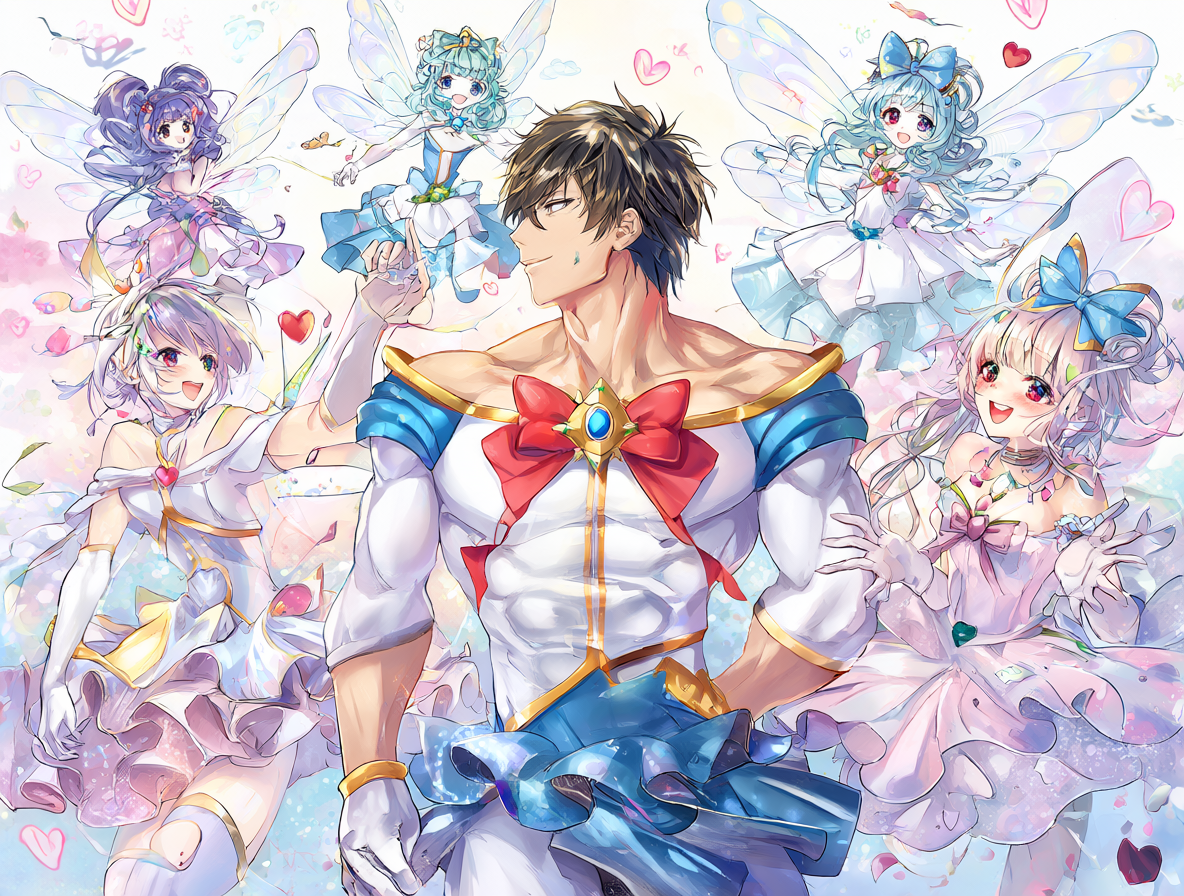 Un fisicoculturista vistiendo un vestido de encaje mágico, ilustración estilo anime