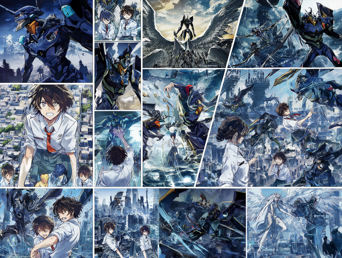 Collage de las distintas adaptaciones manga de Neon Genesis Evangelion