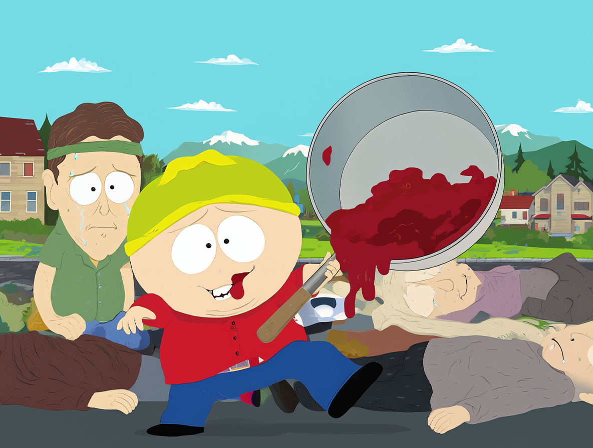 Ilustración del episodio de South Park donde Cartman sirve a Scott el chili hecho con la carne de sus padres.