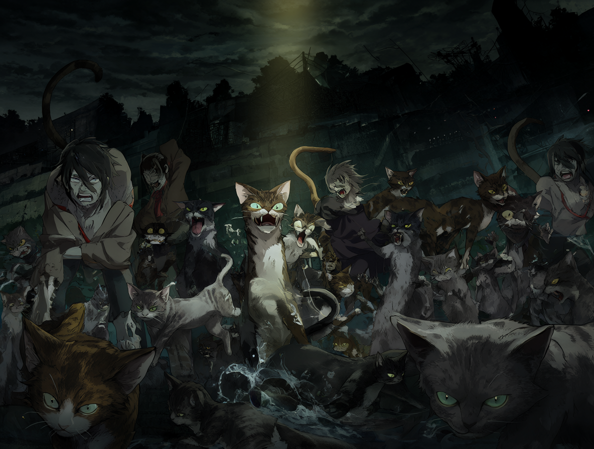 Key visual illustration of the anime series Nyaight of the Living Cat featuring zombies and cats in an apocalyptic setting.