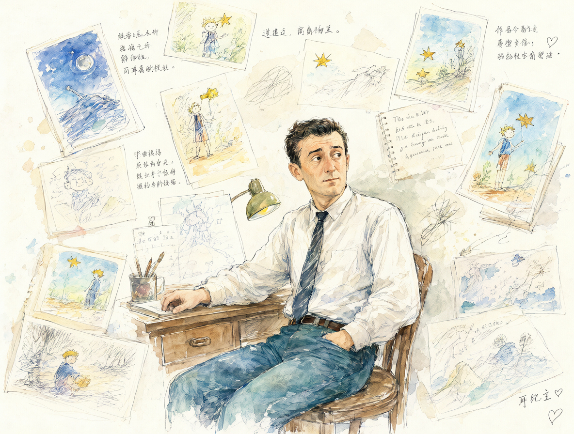Retrato artístico del autor Antoine de Saint-Exupéry con bocetos flotantes a su alrededor