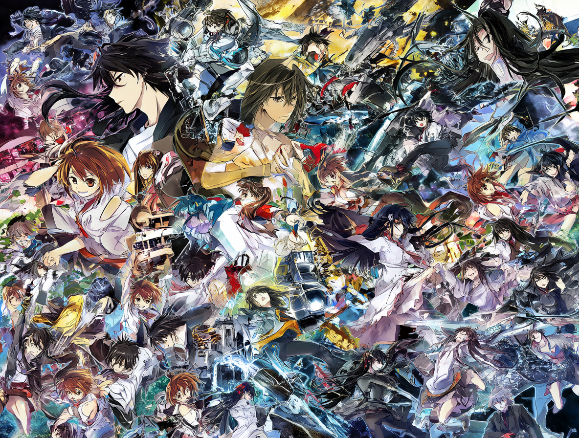 Un collage artístico que ilustra la relación entre las franquicias de novelas visuales y anime de Muv-Luv y Kimi ga Nozomu Eien, mostrando personajes clave y elementos del universo compartido.