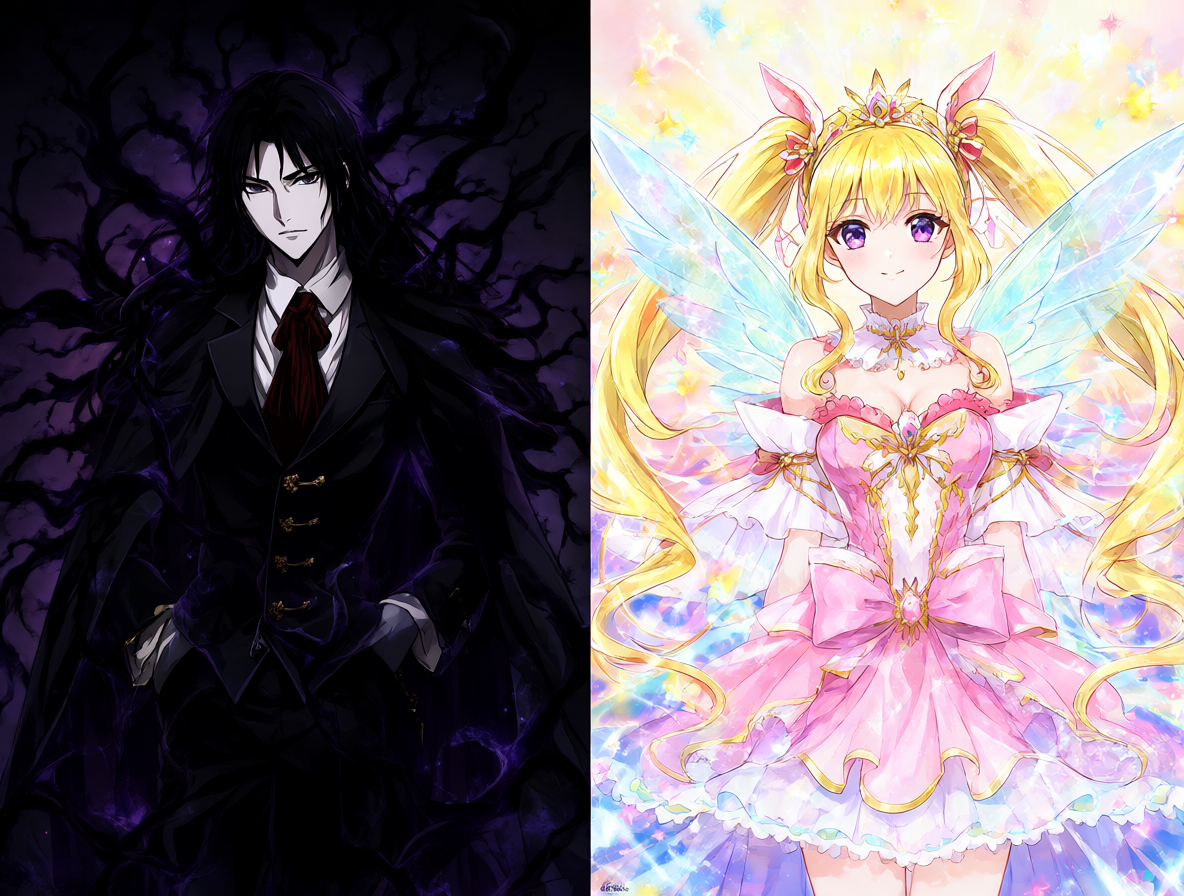 Imagen dividida mostrando a Alucard y un personaje de Precure.