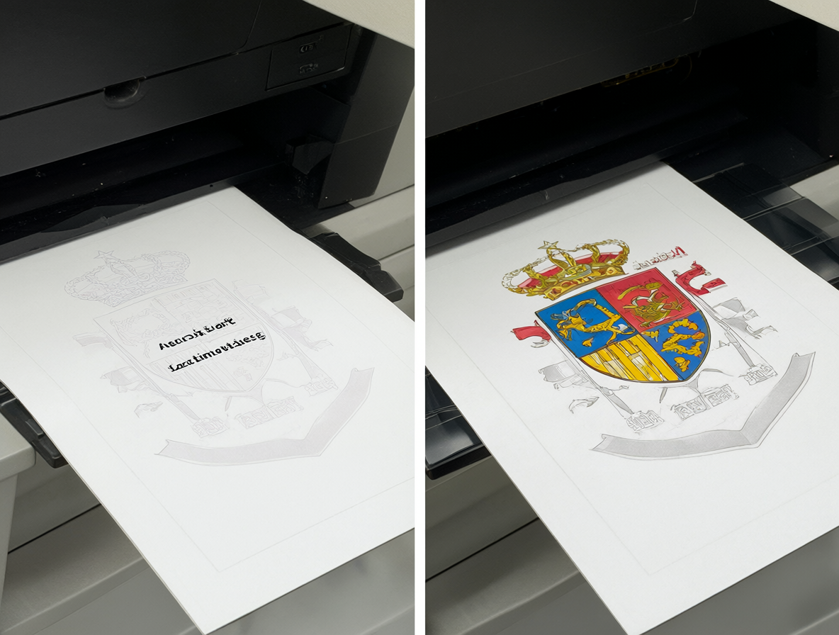 Dos impresoras trabajando simultáneamente para combinar texto negro y un escudo a color.