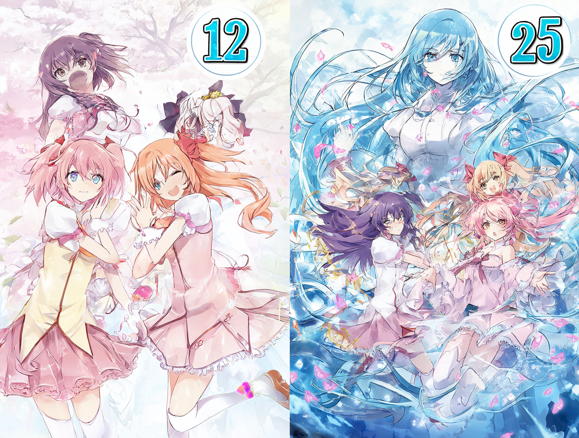 Imagen dividida mostrando a las chicas mágicas del anime original de 2011 junto con las adaptaciones del juego gacha que se muestran en la derecha, destacando los números de episodios.