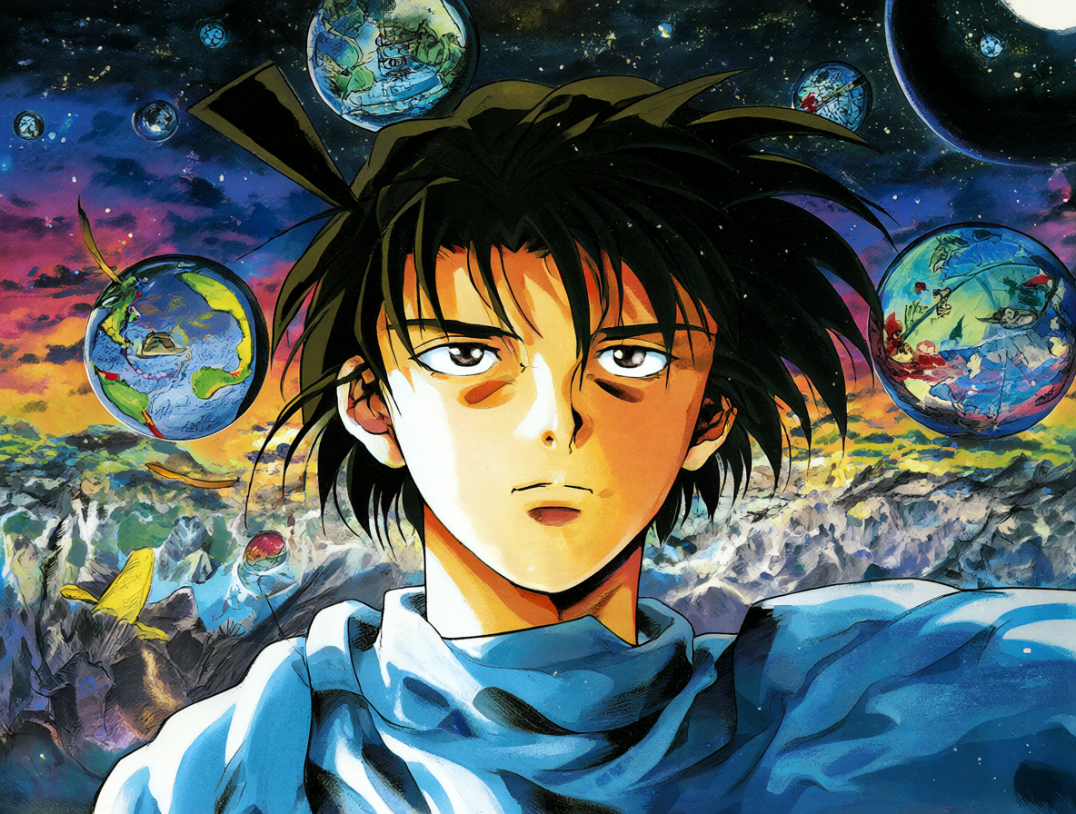 Poster art para el OVA Mou Hitotsu no Mirai wo de 1998, mostrando al protagonista joven con una expresión pensativa frente a un fondo surrealista que representa mundos alternativos.