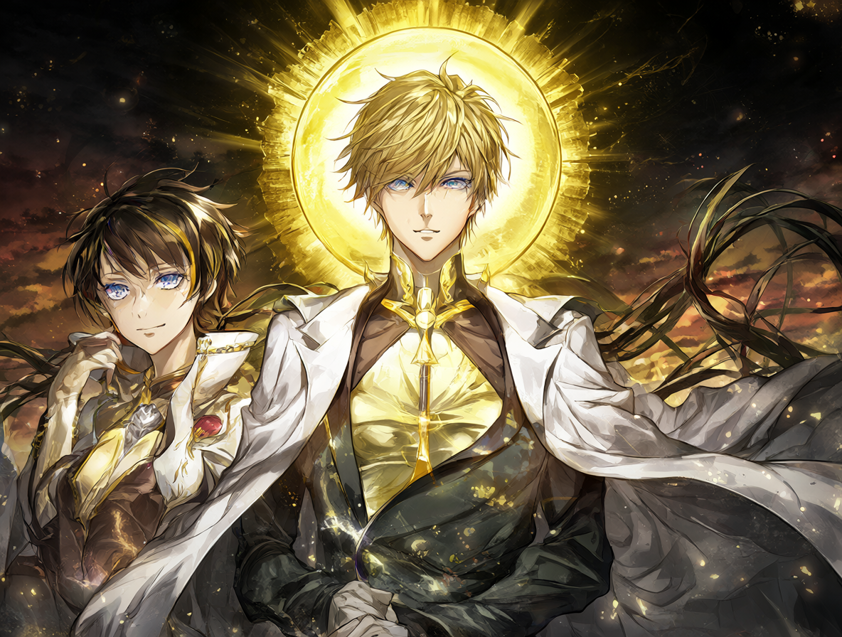 Arte oficial de los personajes principales Light y Mei en una pose de dominio.