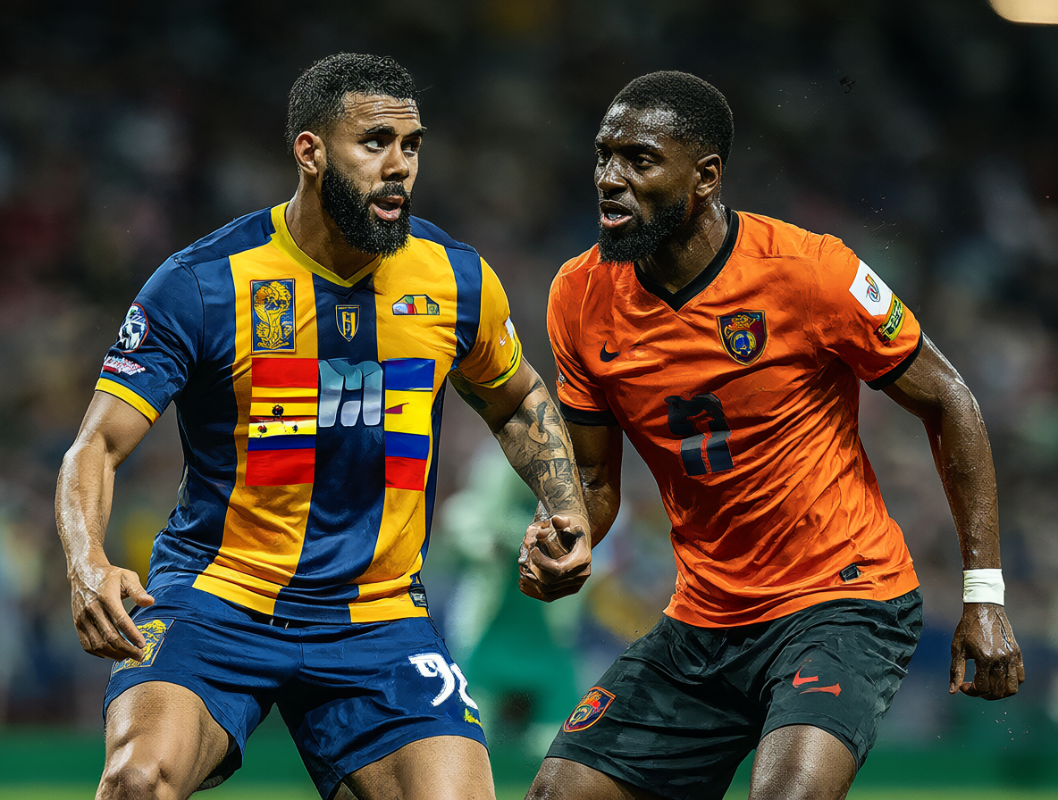 Dos jugadores de fútbol compitiendo mientras representan a dos naciones diferentes