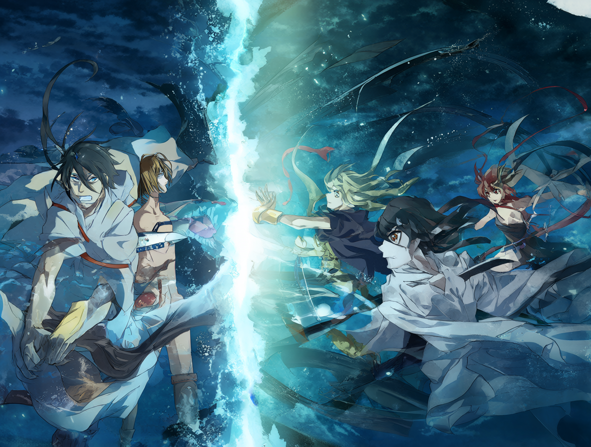 Personajes de Rokka suspendidos en un vacío entre dos mundos separados.