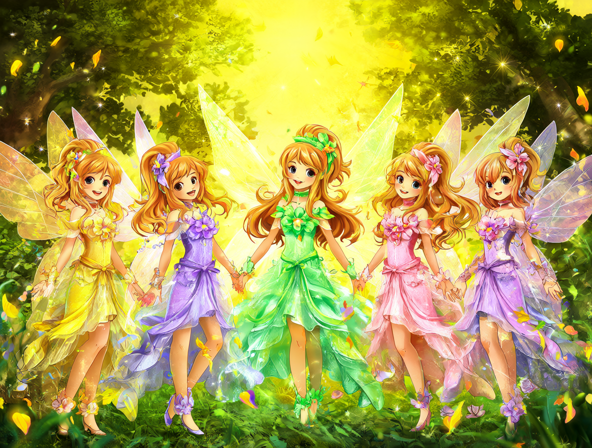 Las cinco protagonistas del anime Forest Fairy Five en un bosque mágico.