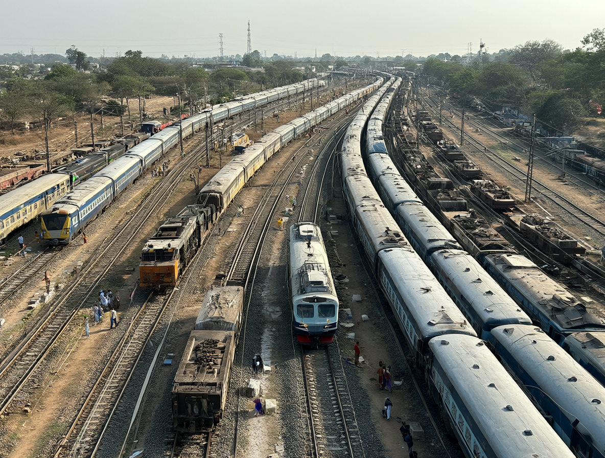 Vista de múltiples trenes indios compartiendo infraestructura con personas en el entorno cercano.