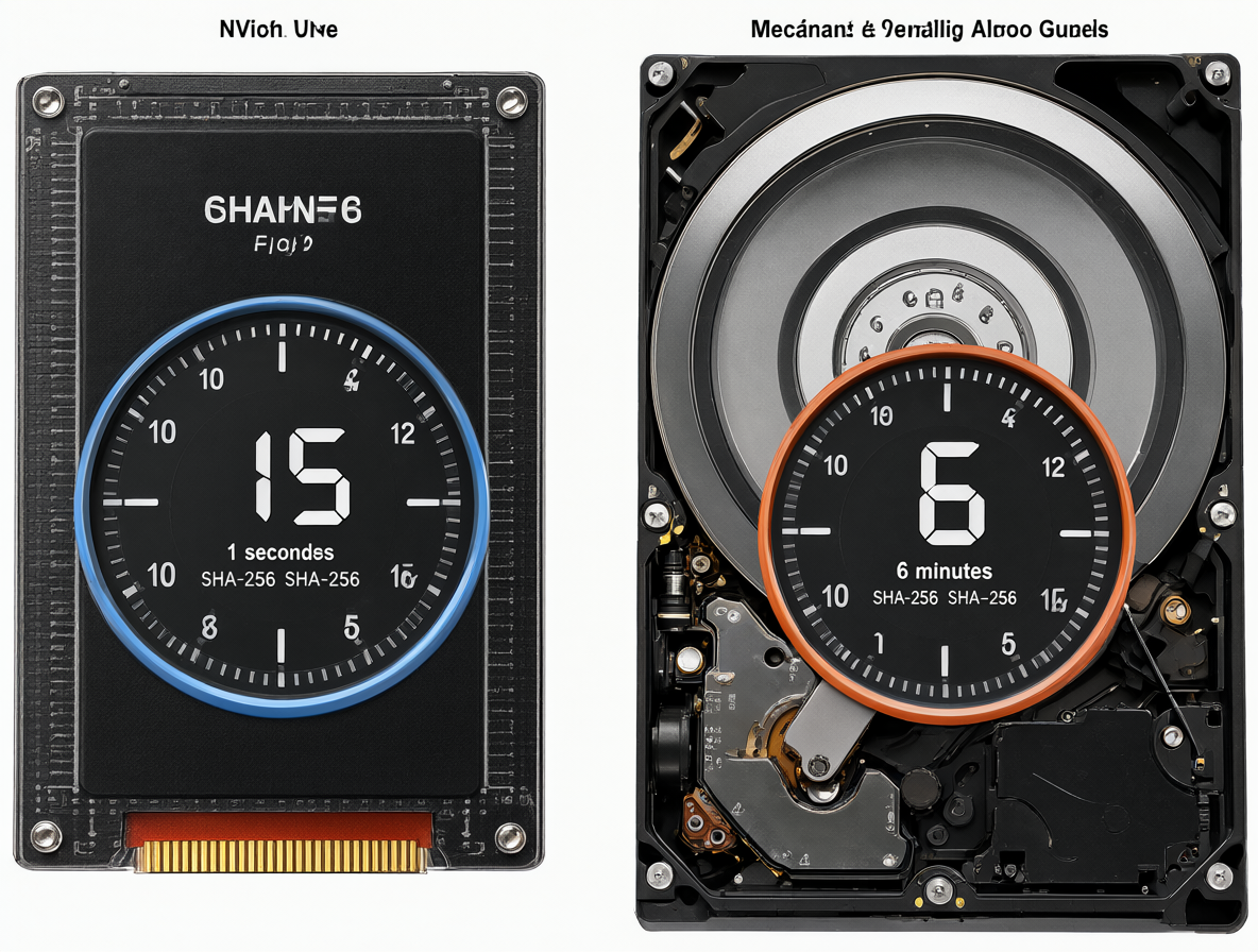 Gráfico comparativo entre la velocidad de cálculo de hash en un SSD NVMe versus un disco duro mecánico.