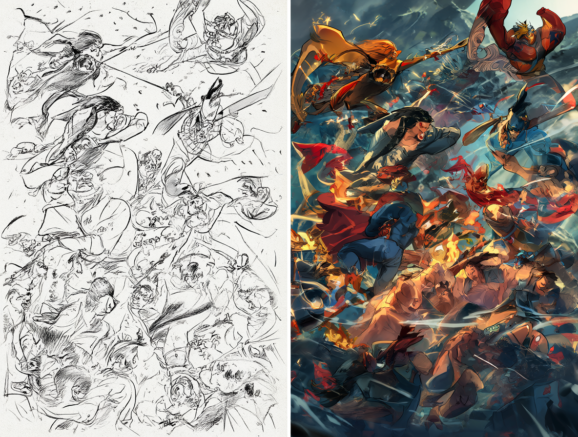 Comparativa entre un cómic antiguo en blanco y negro y una escena de animación moderna