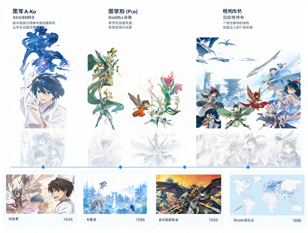 Línea de tiempo horizontal mostrando las fechas de lanzamiento de varias obras de anime icónicas, destacando Project A-Ko y Saint Seiya en 1986.