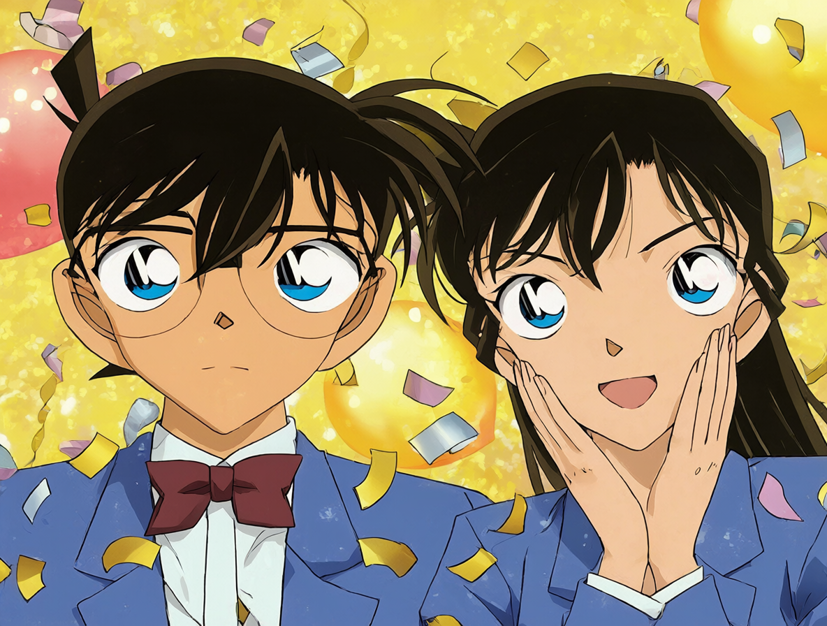 Personajes de Detective Conan en una celebración de aniversario