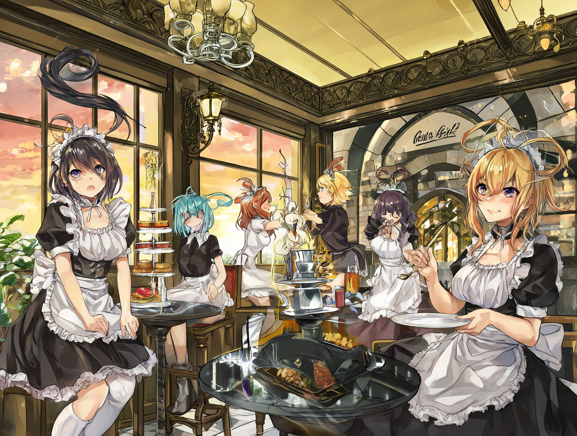 Personajes de maid en un entorno de café retro