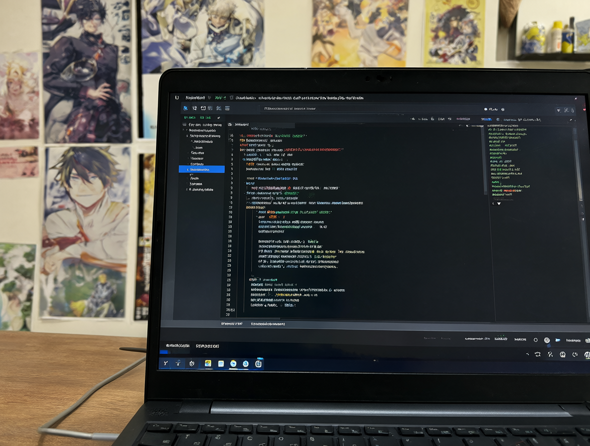 Laptop mostrando un script en la pantalla con pósters de anime al fondo