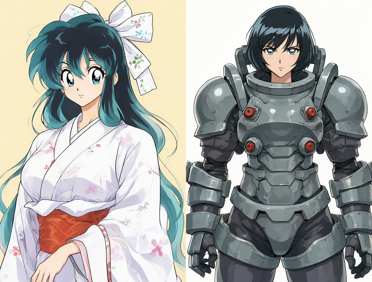Ilustración dividida mostrando a dos personajes femeninos de anime: Benten a la izquierda y Maris a la derecha.
