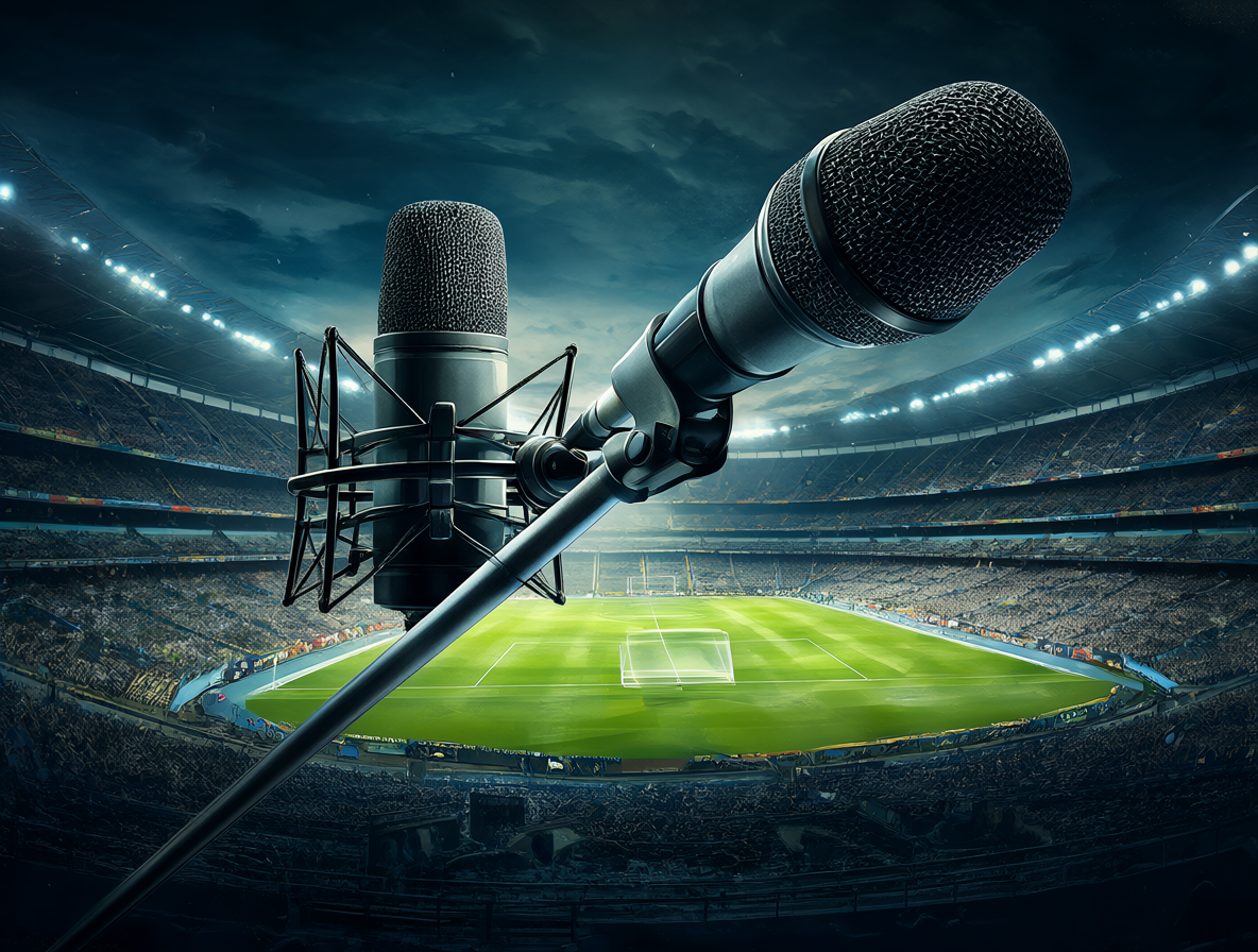 Estudio de radio y estadio deportivo representando los derechos de transmisión.