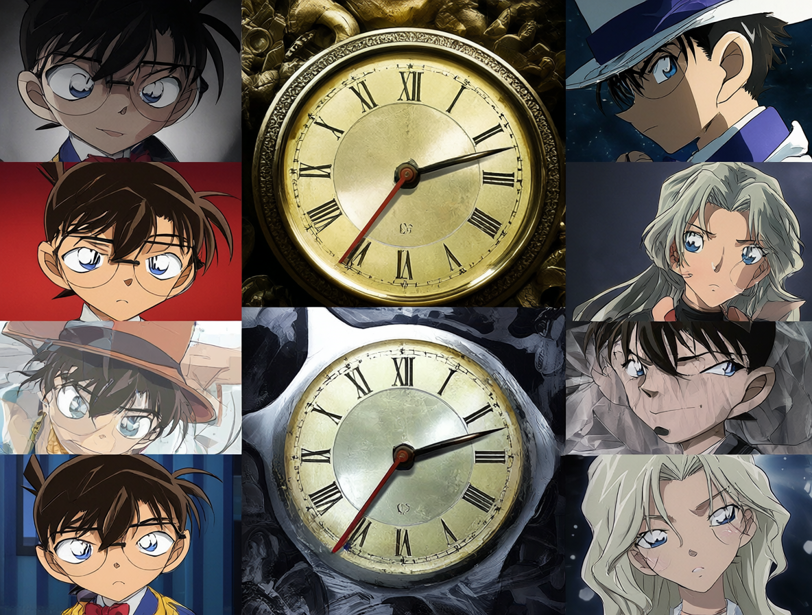 Collage de personajes del anime Meitantei Conan con un reloj indicando diferencias de duración entre formatos de emisión.