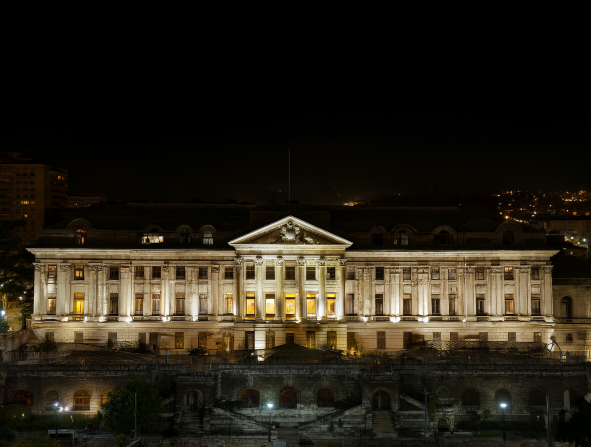 Vista nocturna del edificio del Congreso Nacional con luces encendidas en las ventanas durante una sesión de madrugada.