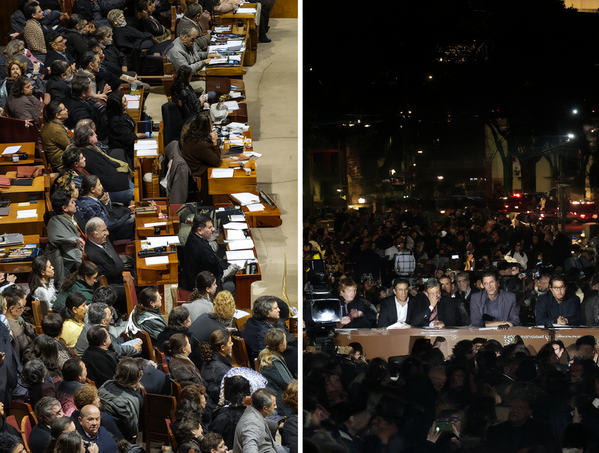 Imagen que muestra la interrupción histórica del Congreso en 1973 junto a escenas modernas de votación.