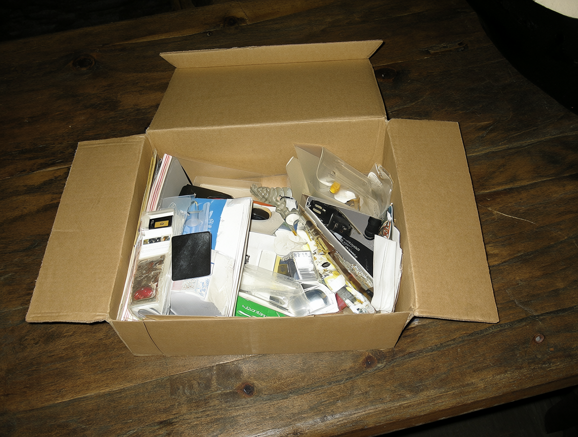 Caja grande de cartón abierta mostrando manuales y accesorios de software antiguo