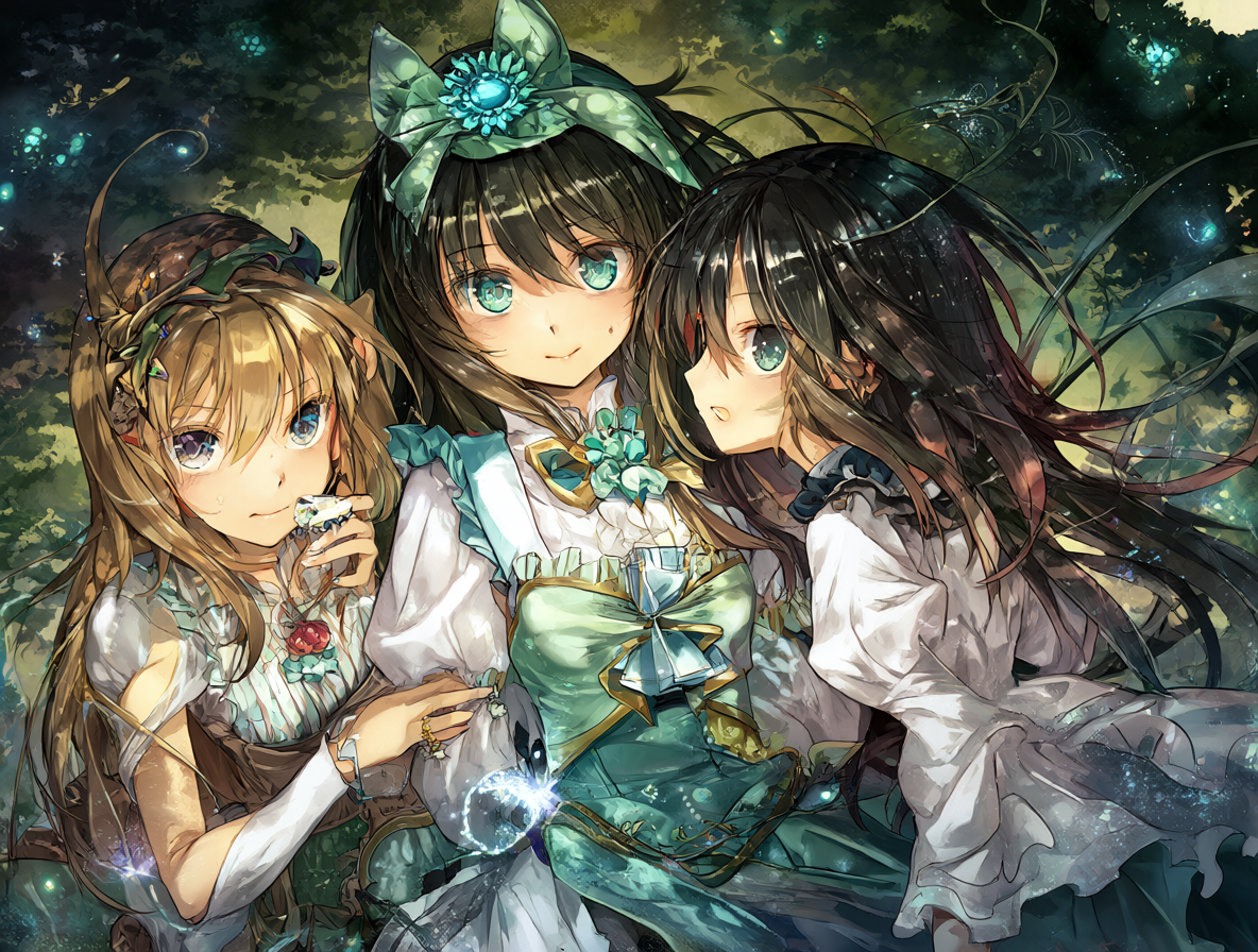 Chise, Elias, Ruth y Silky juntos en una escena mágica del anime.