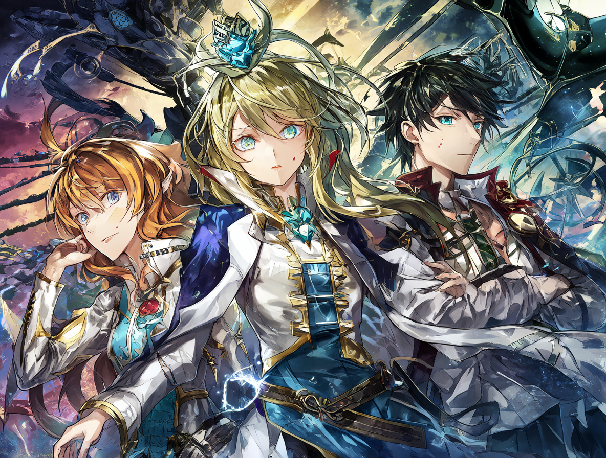 Imagen del arte promocional de Zetsuen no Tempest con los personajes Yoshino, Mahiro y Hakaze en una composición dramática.